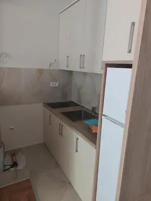 a small white kitchen with a sink and a counter at Apartman Nina VB in Vrnjačka Banja