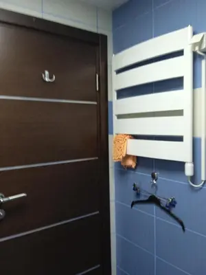 a bathroom with a brown door and blue tiles at apartman Studenička in Vrnjačka Banja