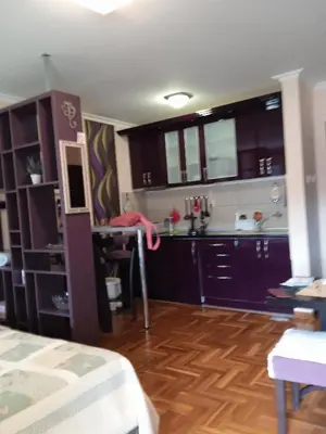 a kitchen with black cabinets and a wooden floor at apartman Studenička in Vrnjačka Banja