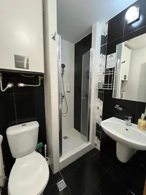 a bathroom with a toilet and a shower and a sink at R2 KOP Konaci in Kopaonik