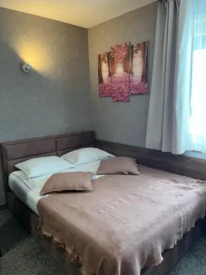 a bed in a bedroom with two paintings on the wall at R2 KOP Konaci in Kopaonik