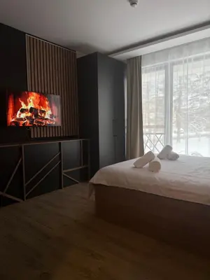 a bedroom with a bed and a tv on a wall at Sophie & Sarah Apartments - Residence Hill, Kopaonik in Kopaonik