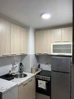 a kitchen with wooden cabinets and a stainless steel refrigerator at NOMAD Studio in Niš