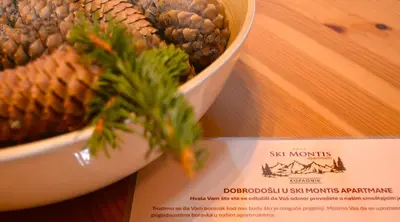 a bowl of pine needles next to a bowl of pine cones at SKI MONTIS apartmani - Kopaonik centar in Kopaonik