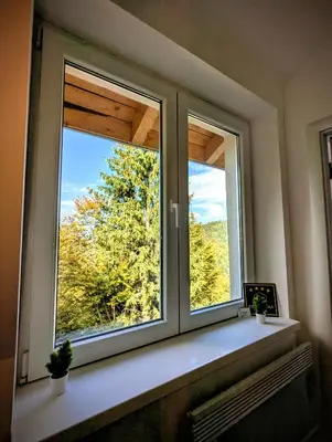 two windows in a room with a view of trees at Kopaonička priča in Kopaonik