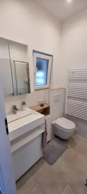 a bathroom with a sink and a toilet and a mirror at Apartman Magic house in Kruševac