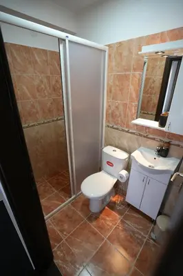 a bathroom with a toilet and a shower and a sink at Attache Vila in Kruševac