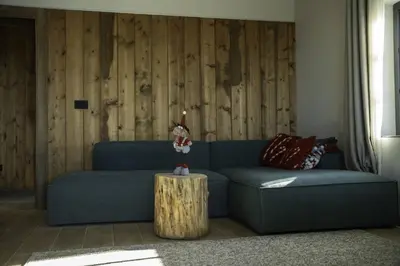 a living room with a blue couch and a wooden wall at Chalet 1600 Kopaonik in Kopaonik