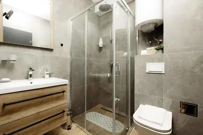 a bathroom with a shower and a toilet and a sink at Boggi Apartman, Kopaonik in Kopaonik