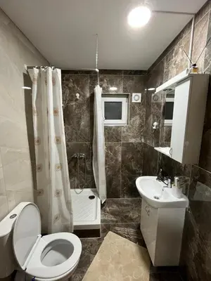 a bathroom with a toilet and a sink and a shower at Apartman KVINS in Kruševac
