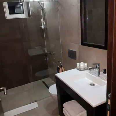 a bathroom with a sink and a shower and a toilet at Nomakop5 in Kopaonik