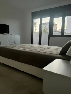 a large bed in a room with windows at Best Deal Suite in Niš