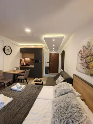 a living room with a large bed and a kitchen at Apartments Kos - Milmari Resort in Kopaonik