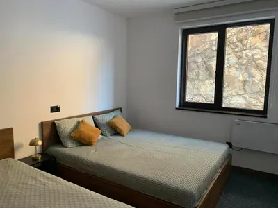 a bedroom with two beds and a window at Apartman Glečer Vila Bela Reka in Brzeće