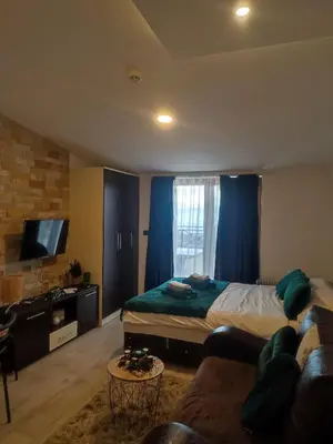 a bedroom with a bed and a couch and a television at Milmari kop in Raška