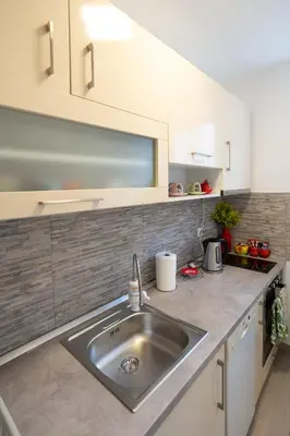 a kitchen with a sink and a counter top at CVETIĆ apartman in Zaječar