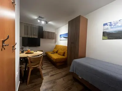 a small room with a bed and a table and a couch at Z3 Studio in Kopaonik