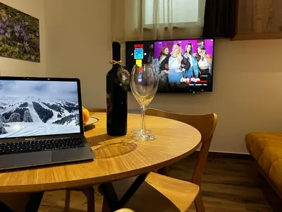 a laptop computer sitting on a table with a wine glass at Z3 Studio in Kopaonik