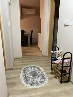 a hallway with a rug on a wooden floor at Apartman KVINS 1 in Kruševac