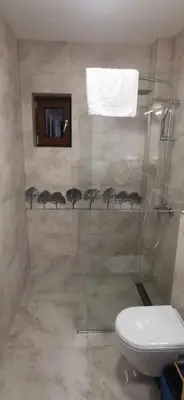 a bathroom with a shower with a toilet and a glass door at Vučja reka in Crni Vrh