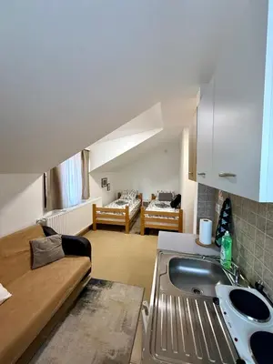 a kitchen with a sink and a living room at Vila Aurora , 50m od Gondole Brzece in Brzeće