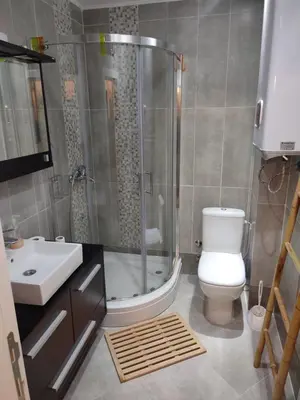 a bathroom with a shower and a toilet and a sink at Kopaonik apartman Miklušev in Kopaonik