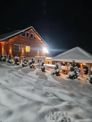 a log cabin in the snow at night at Šumska vila Gašić in Kopaonik