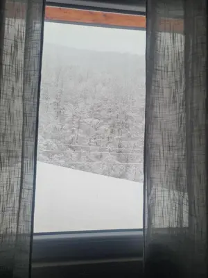 a window with a view of a snow covered field at Šumska vila Gašić in Kopaonik