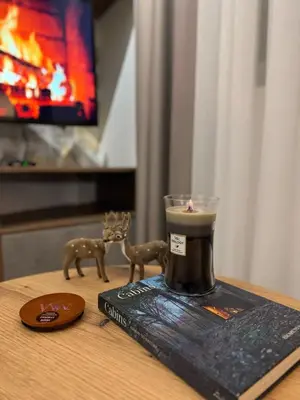 a table with a book and a cup of coffee at Friends Apartmani - Broj 2 in Raška