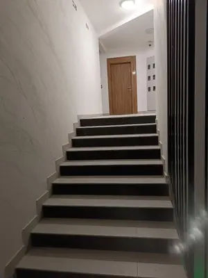 a stairway with black and white stairs and a door at Sunčana planina apartman 104 in Kopaonik