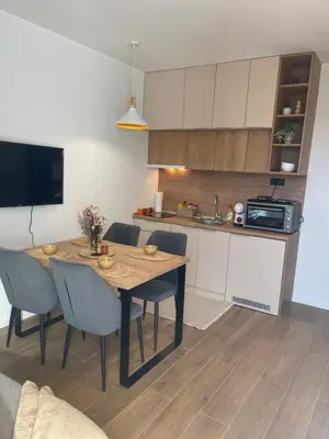 a kitchen with a table and chairs in a room at Apartman Lawa Kopaonik in Kopaonik
