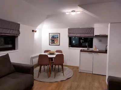 a living room with a table and a kitchen at Vila Breg Kopaonik Centar in Kopaonik
