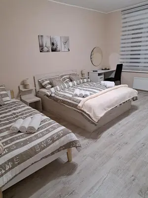 a bedroom with two beds and a desk with a chair at Apartman Dream M Zaječar in Zaječar
