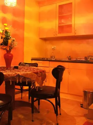 a kitchen with a table and chairs and a table and a table and chairsktop at Vila Lira in Vrnjačka Banja