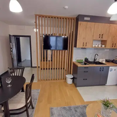 a living room with a kitchen and a dining room at Winter House in Kopaonik