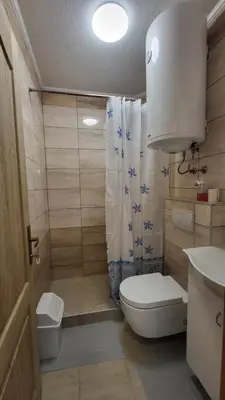 a small bathroom with a toilet and a shower at Lily Apartmani Brzece in Brzeće