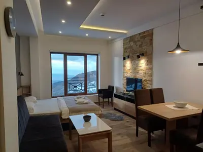 a bedroom with a bed and a table and a desk at View N52A in Kopaonik