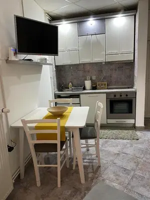 a kitchen with a table and chairs and a tv at Vila Plan Apartman 101 in Kopaonik