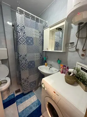 a bathroom with a sink and a washing machine at Apartman Tiki R Vrnjacka Banja in Vrnjačka Banja