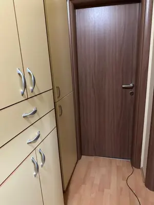 a closet with drawers and a door in a room at Apartman Teodora in Jagodina