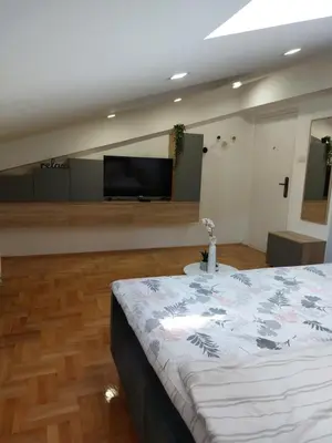a bedroom with a large bed and a flat screen tv at Heart of the city in Niš