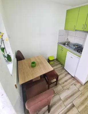 a small kitchen with a wooden table and green cabinets at Vila Aleksandra 2 Studio 5 in Soko Banja