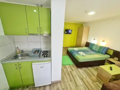 a small room with a bed and a kitchen at Vila Aleksandra 2 Studio 5 in Soko Banja
