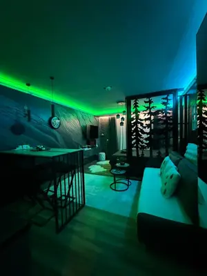 a living room with a couch and a dining room at Black Elegant & Spa Kop in Kopaonik