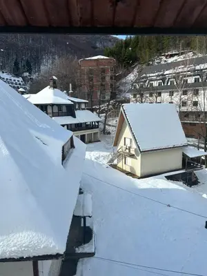 a snow covered roof of a house with snow covered roofs at Bela Reka C308 in Brzeće