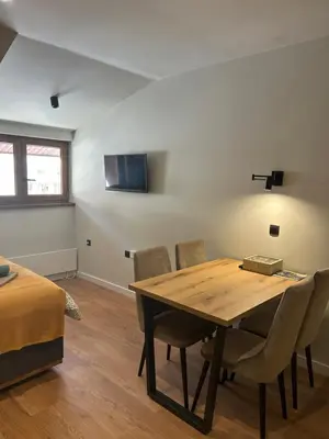 a room with a table and chairs and a bed at Bela Reka C308 in Brzeće