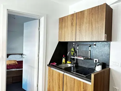 a kitchen with a sink and wooden cabinets at Konaci 25 Kopaonik in Kopaonik