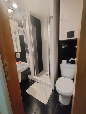 a bathroom with a toilet and a shower and a sink at Apartmani Iva Kop Konaci Koznik402 in Kopaonik