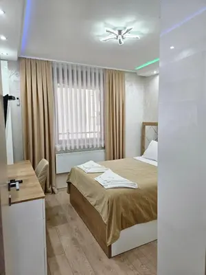 a bedroom with a bed and a ceiling fan at Exclusive apartmants 1 Vrnjacka Banja in Vrnjačka Banja