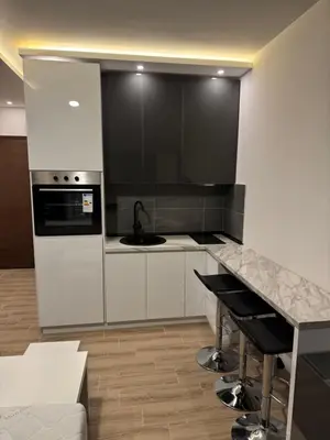 a kitchen with white cabinets and a sink and a counter at Residence Hill Kopaonik in Kopaonik